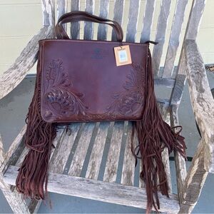 Ariat Chocolate Brown Tooled Leather Fringe Shoulder Bag